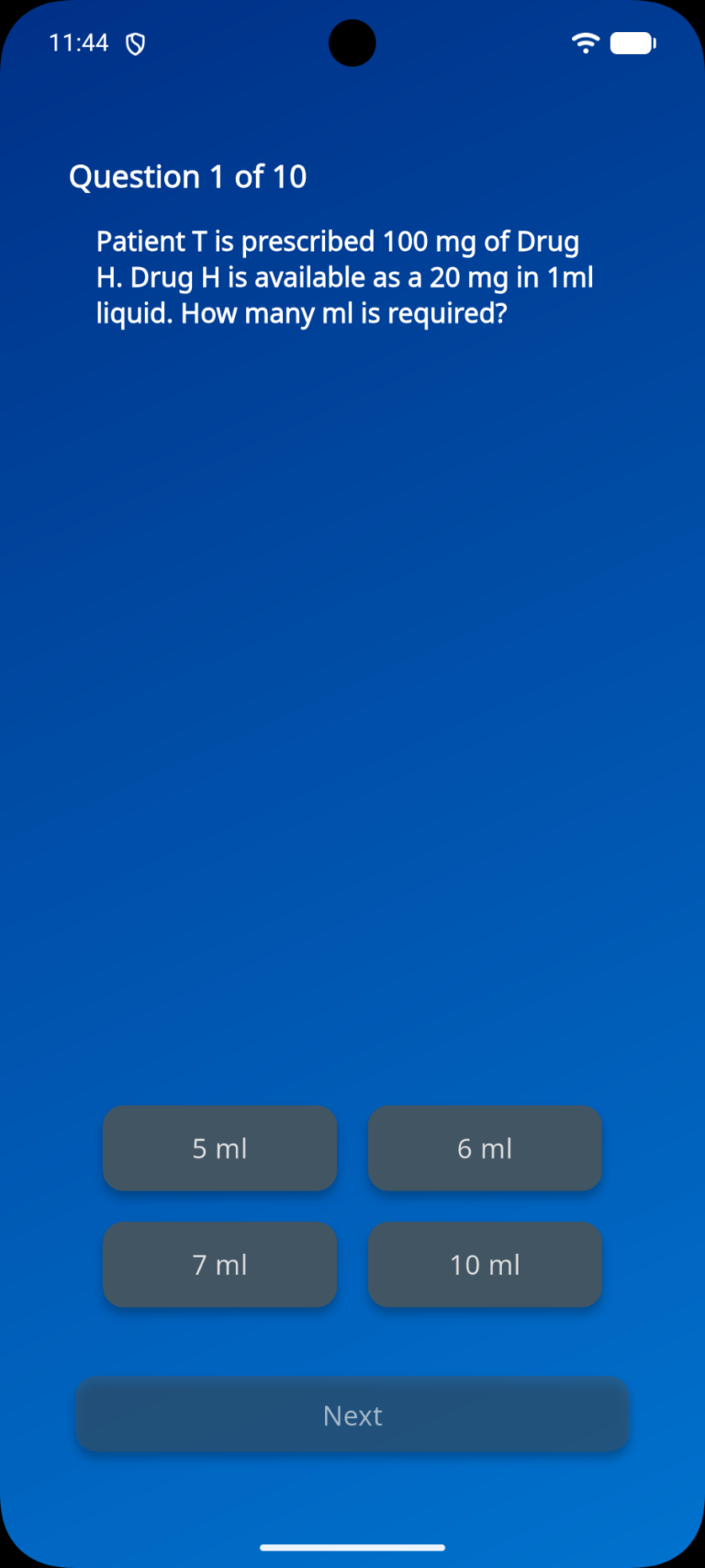 Nursing drug calculation practice question app screen